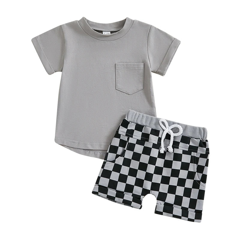 Toddler Baby Boy Summer Outfits Solid Color Short Sleeve T-shirt Checkered Shorts 2Pcs Set