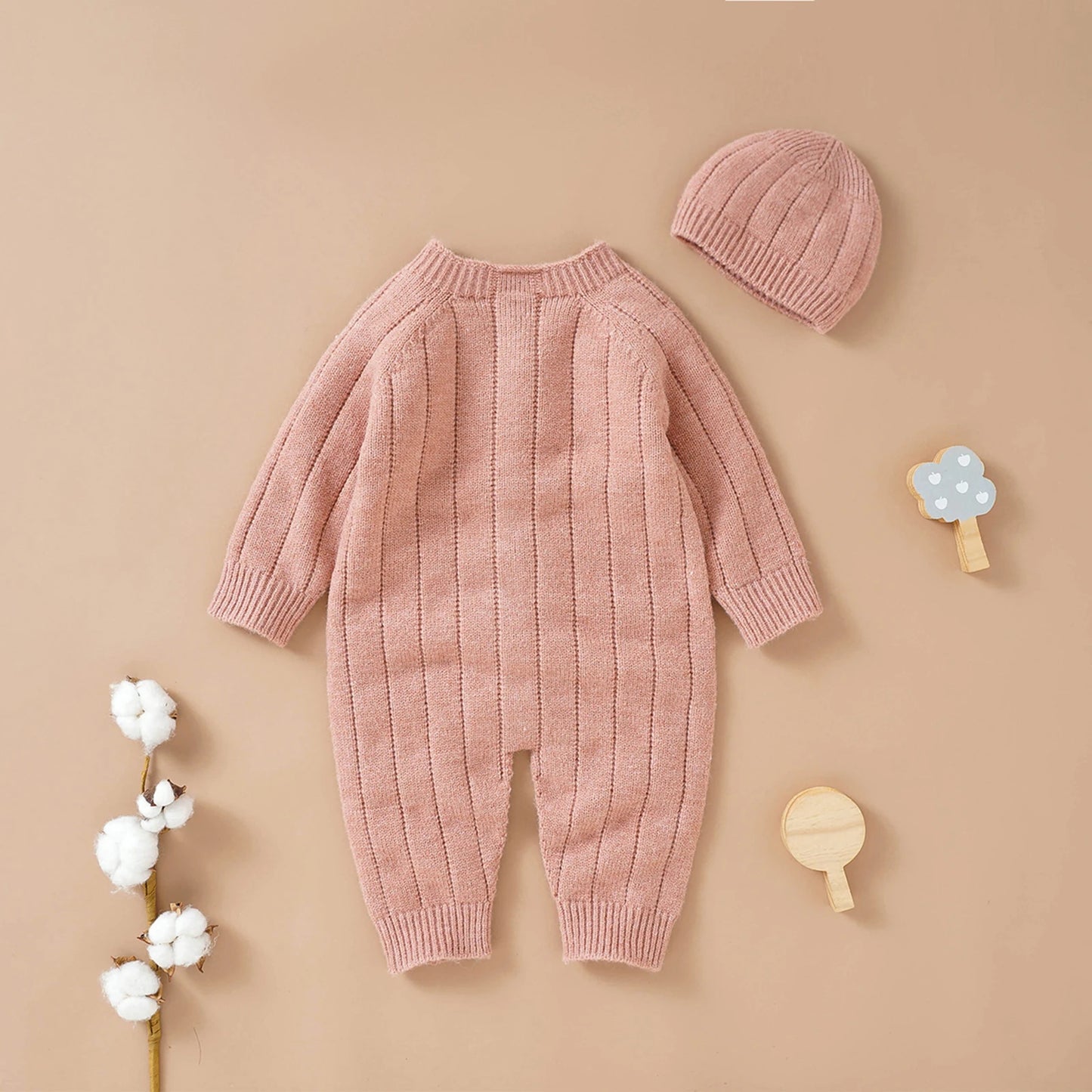 Winter Jumpsuit and Cap, Solid Color Long Sleeve Single-breasted Knitted Romper, 0-18 Months