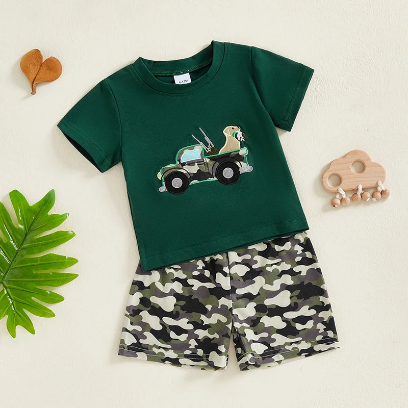 Toddler Baby Boy Summer Outfit Truck Dog Embroidery Short Sleeve T-shirts Camouflage Shorts Set