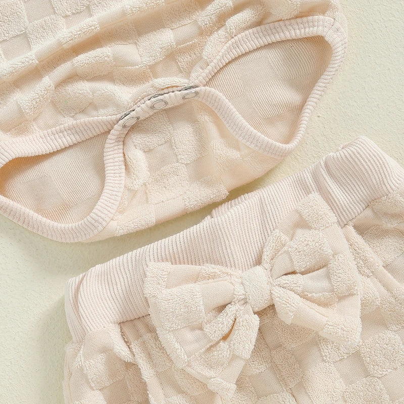 Baby Girls Set Checkered Button Long Sleeve Round Neck Ruffled Romper Bow Long Pants Hair Band Outfits