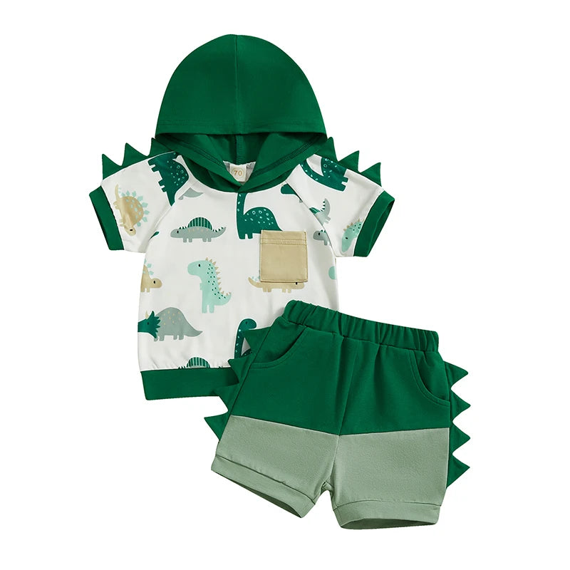 Toddler Baby Boy Summer Outfits Short Sleeve Dinosaur Print Hooded Tops+Shorts Set Clothes