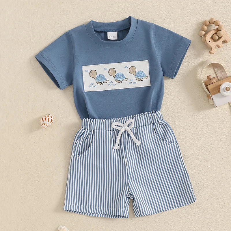 Toddler Baby Boy Shorts Set Whale/Dinosaur/Turtle Short Sleeve T-shirts Striped Elastic Waist Shorts Summer Outfit
