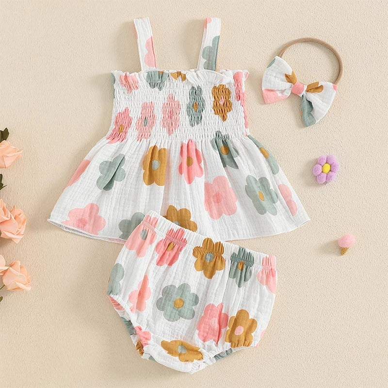 Baby Girl Summer Clothes Floral Print Suspender Smocked Tank Tops + Elastic Waist Shorts + Bow Headband 3Pcs Set