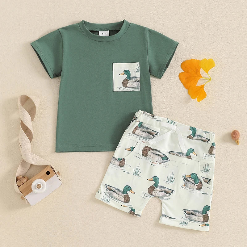 Toddler Baby Boy Duck Outfit Short Sleeve T-shirts Elastic Waist Shorts Farm Clothes Summer Set