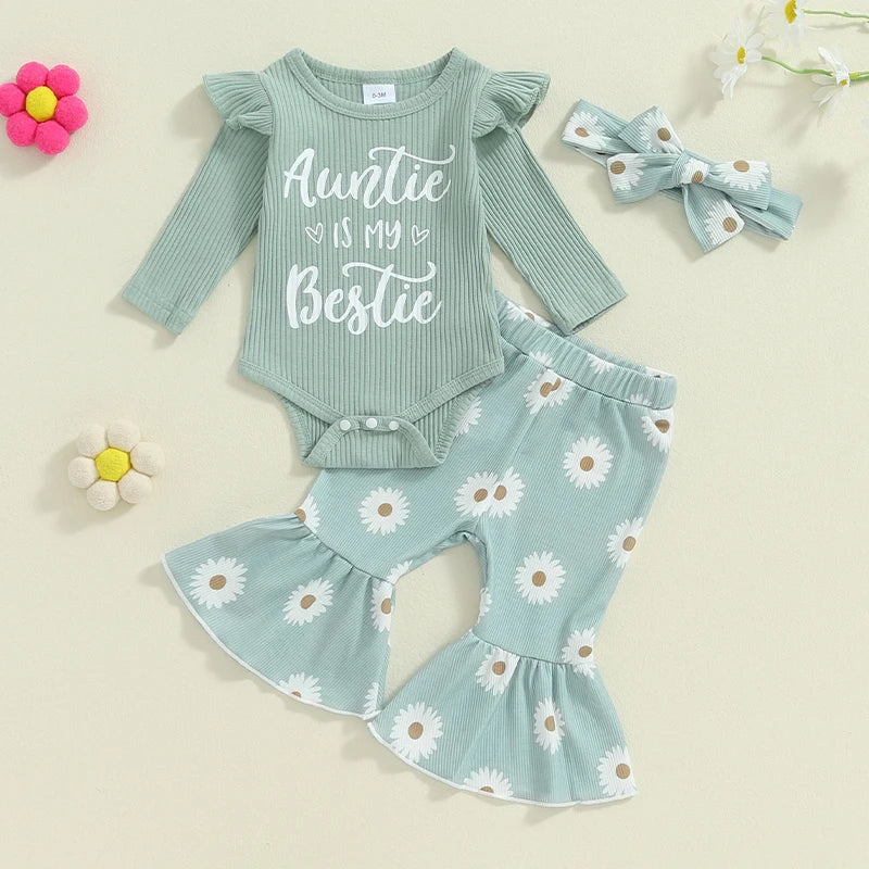 Baby Girls Fall Outfits Letter Print Long Sleeve Romper and Elastic Daisy Flared Pants Headband Set