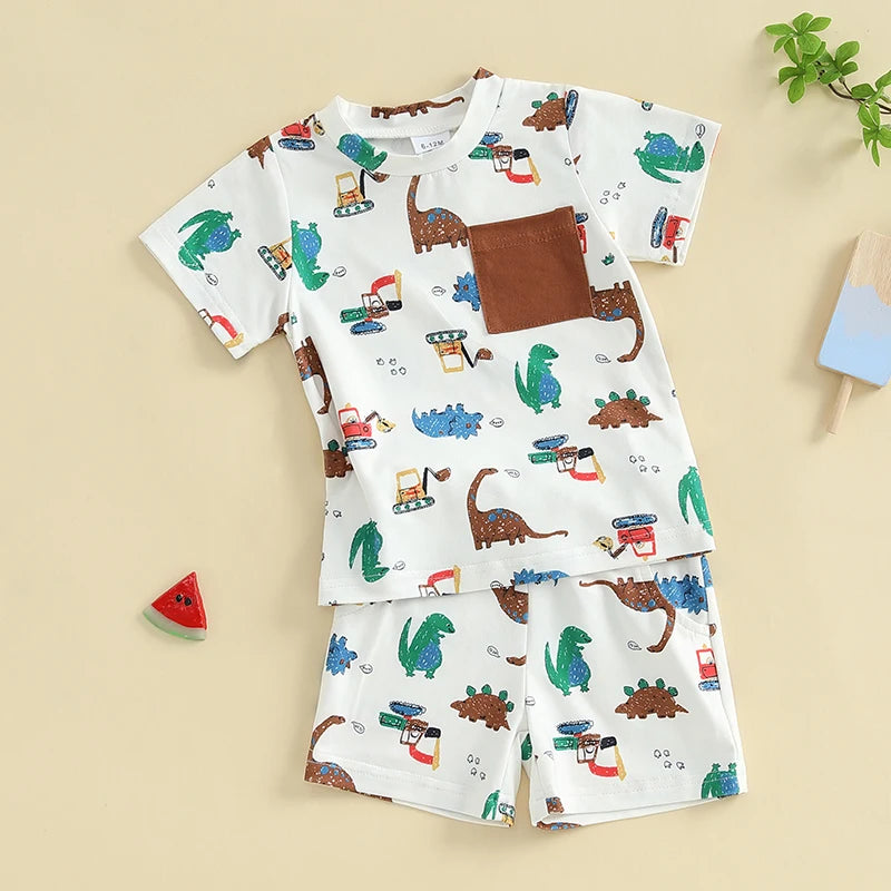 Toddler Boy Dinosaur Shorts Set Round Neck Short Sleeve Tops Pockets Elastic Waistband Short Outfit