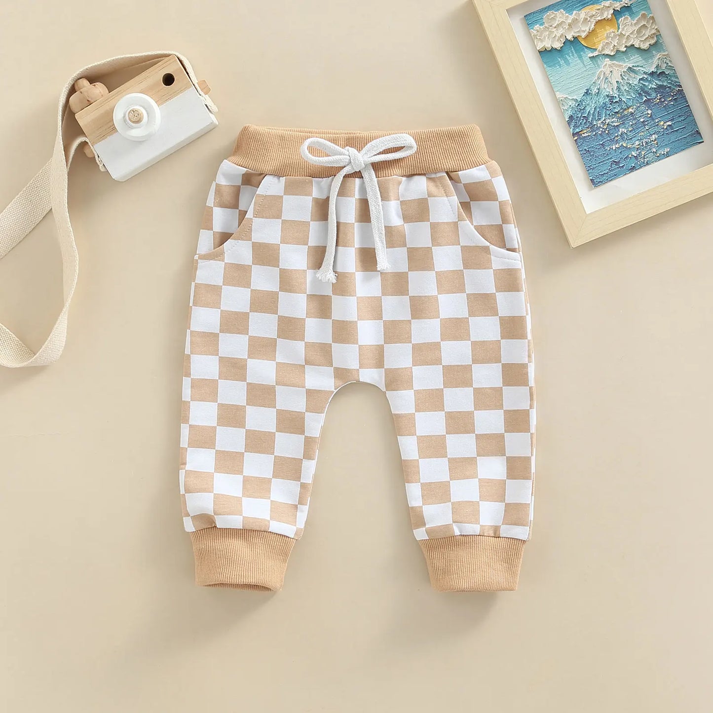 Toddler Baby Boy Casual Pants Checkered Tie-up Autumn Clothing 3 Colors