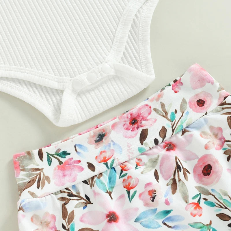 Infant Baby Girls Shorts Set Sleeveless Romper Flower/Rainbow/ Print Shorts Hairband