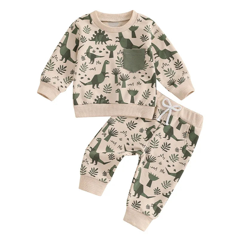 Toddler Boys Fall Outfits Dinosaur Print Pocket Long Sleeve Sweatshirts and Long Pants 2Pcs Clothes Set