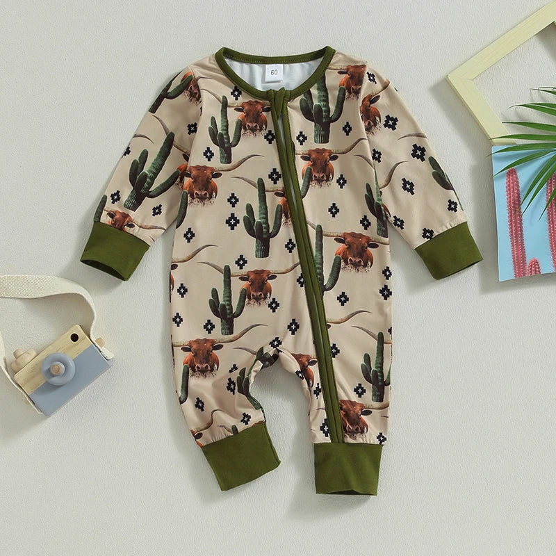 Baby Boys Jumpsuit Long Sleeve Cow/Horse Print Zipped Romper