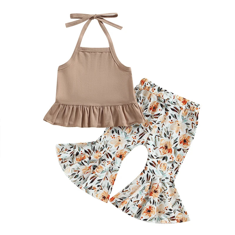 Newborn Baby Girls 2Pcs Summer Clothing Set Lacing Halterneck Vest with Flower Print Flare Pants