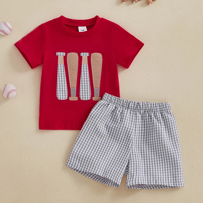 Toddler Boys Shorts Set Baseball Embroidered Short Sleeve Round Neck Tops Elastic Waistband Plaid Shorts