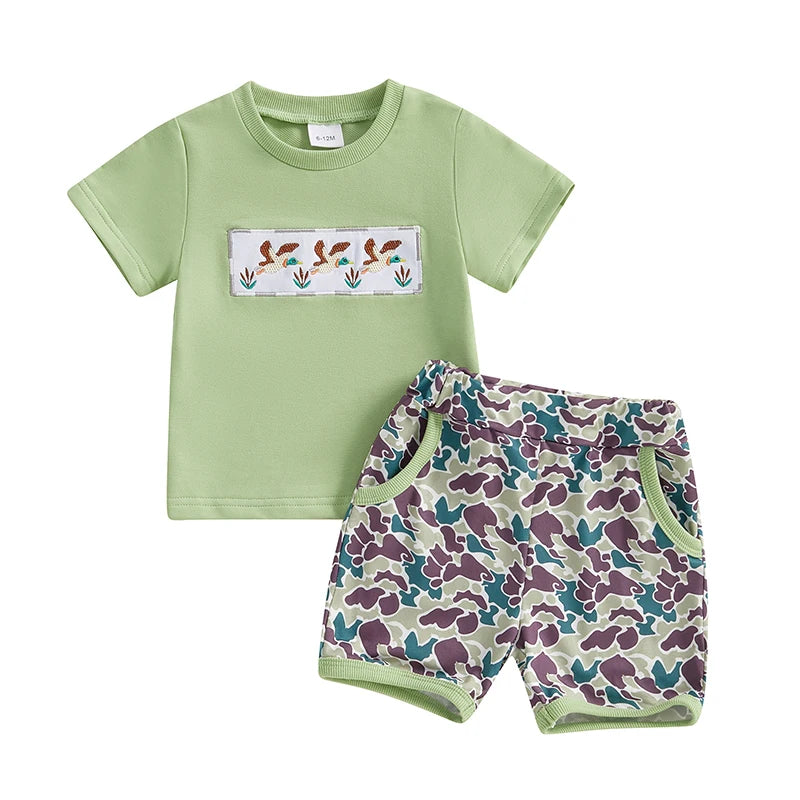 Toddler Baby Boys Summer Outfits Duck Embroidery Short Sleeves T-Shirt and Elastic Camouflage Shorts Clothes Set