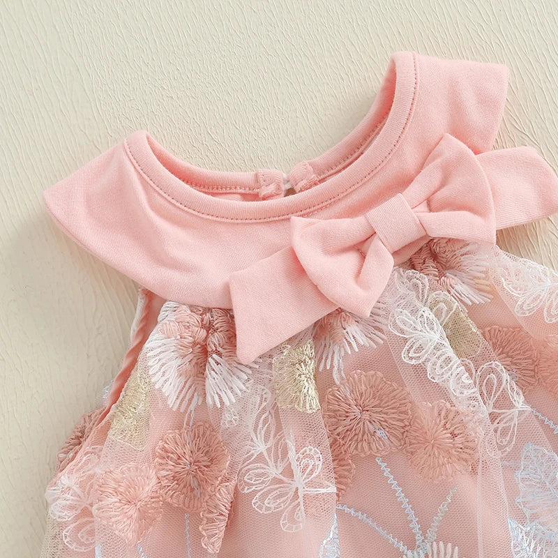 Toddler Girl Summer Sleeveless Dress Floral Embroidery Round Neck Tulle A-Line Dress