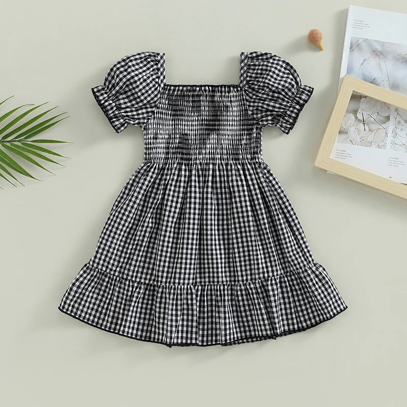 Summer Toddler Girls Sweet Dress Short Puff Sleeve Plaid Printed Ruffles Knee Length A-Line Dress