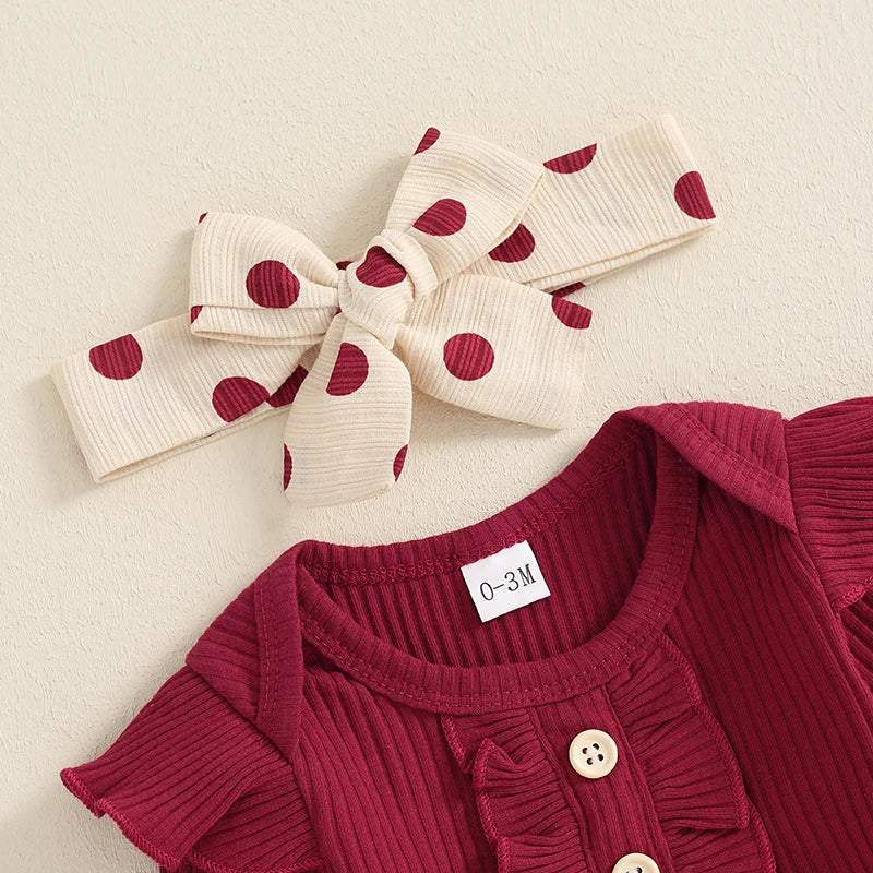 Baby Girl Fall Outfits Solid Color Crew Neck Long Sleeve Romper Dot Print Long Pants Headband 3Pcs Set
