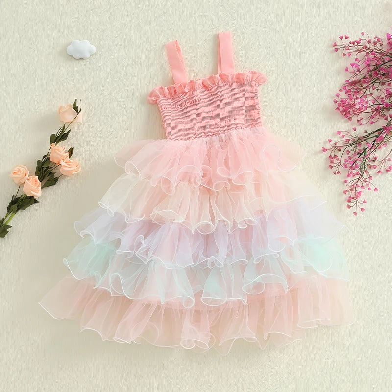 Baby Kids Girls Slip Dress Sleeveless Contrast Color Layered Summer A-line Dress Tulle Princess Dress