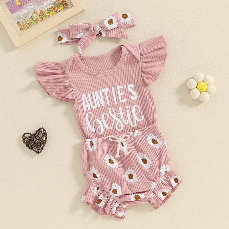 Baby Girls Summer Shorts Sets Flying Sleeve Letter Print Romper Floral Shorts Headband Set