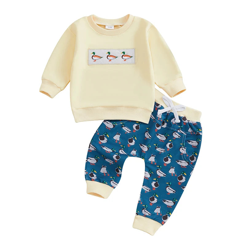 Toddler Baby Boy Girl Duck Clothes Long Sleeve Sweatshirt Plaid Elastic Waist Long Pants Outfit