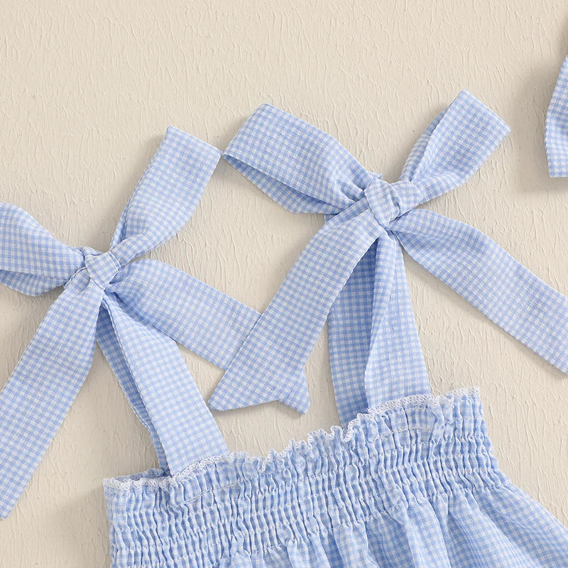 Baby Girl Plaid Print Romper Sleeveless Tie Strap Smocked Jumpsuit with Bow Headband