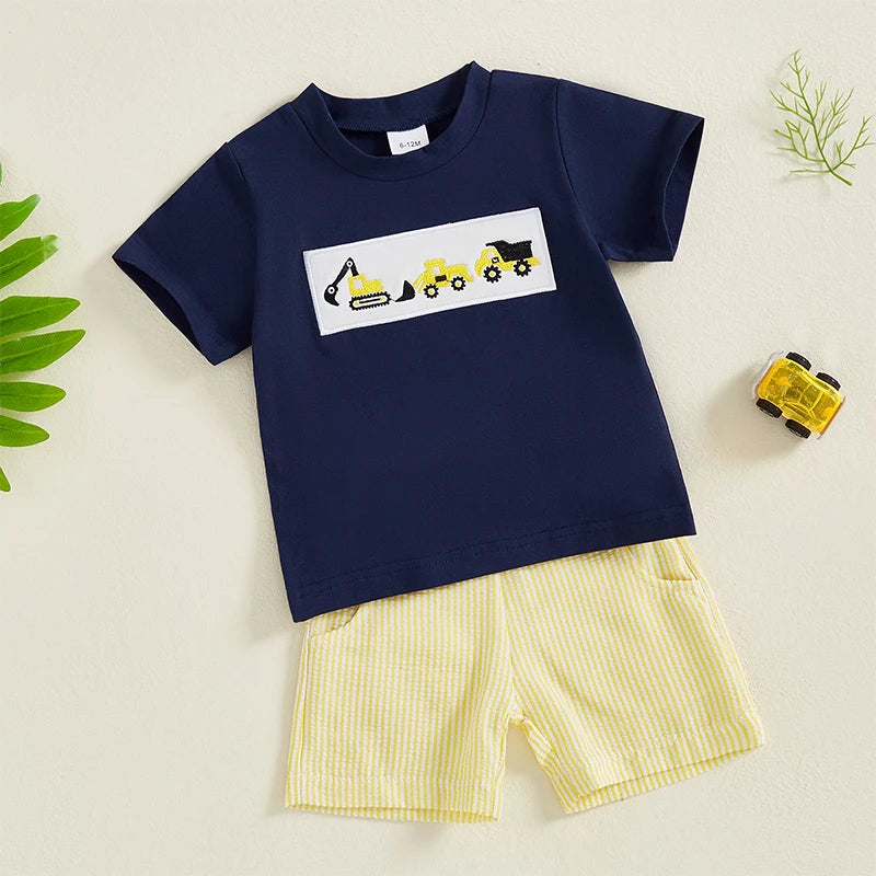 Toddler Baby Boy Shorts Set Tractor Embroidery Short Sleeve T-shirt Striped Shorts 2Pcs Summer Outfit
