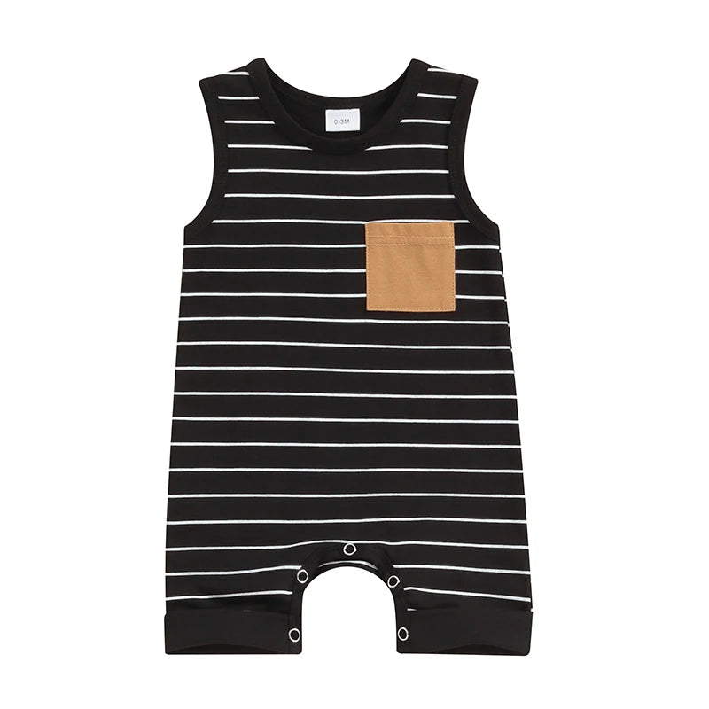 Summer Newborn Baby Boys Rompers Clothing Striepd Print Sleeveless Pocket Jumpsuits Long Pants Baby Overalls