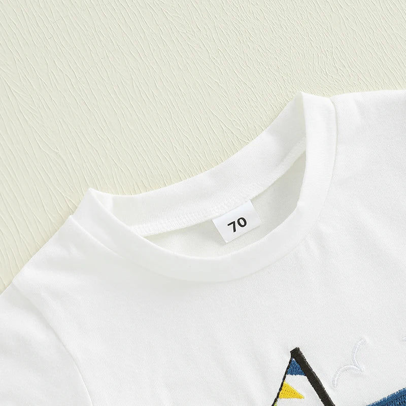 Toddler Baby Boy Shorts Set Boat Embroidery Short Sleeve T-shirt Striped Elastic Waist Shorts Summer Outfit