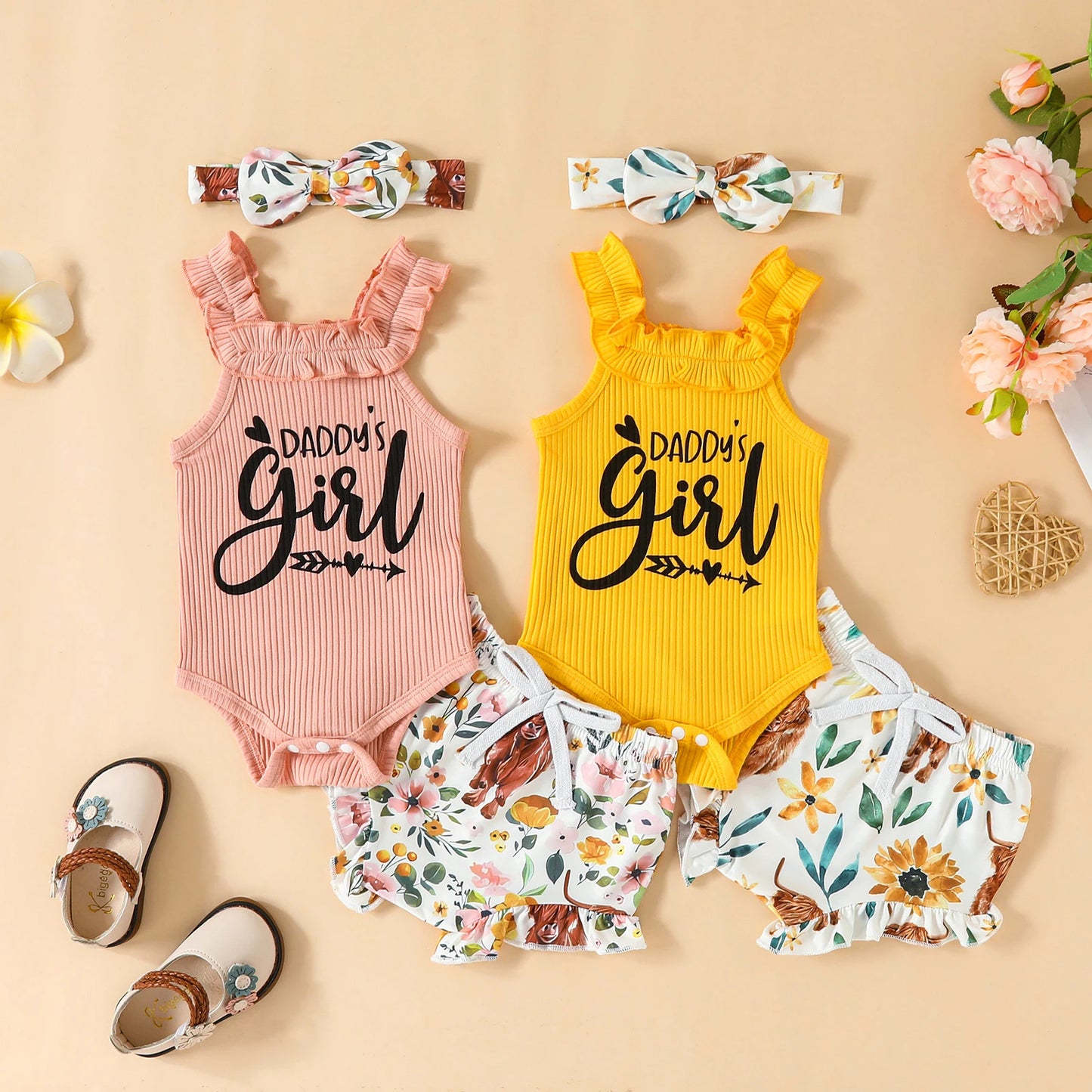 Newborn Infant Baby Girl 3Pcs Outfits Sleeveless Romper Cow Floral Print Pants Headband Set