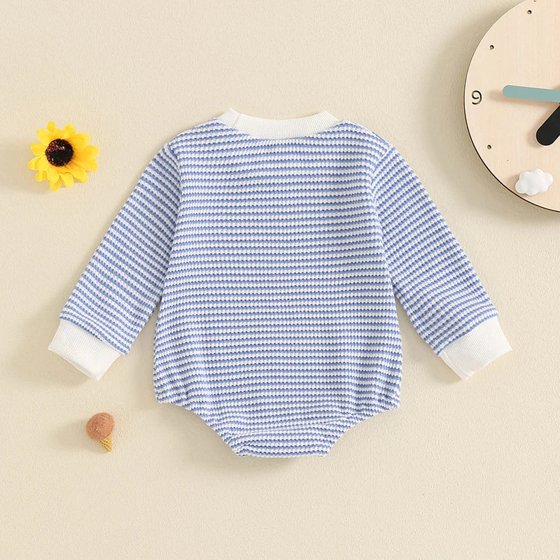 Toddler Waffle Sweatshirt Romper Casual Stripe Print Long Sleeve Jumpsuit