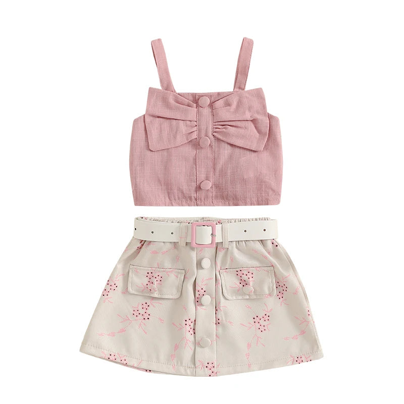 Toddler 2Pcs Baby Girl Summer Outfits Sleeveless Bow Tank Tops + Belted Skirt Set Clothes