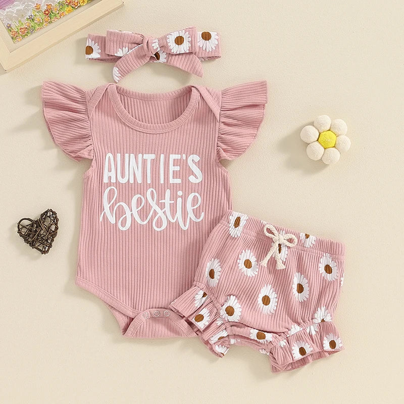 Baby Girls Summer Shorts Sets Flying Sleeve Letter Print Romper Floral Shorts Headband Set