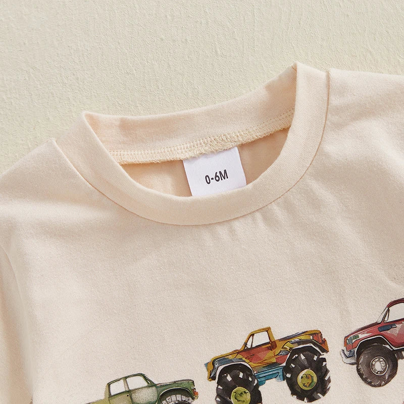 Toddler Boys Summer Outfits Retro Truck Print O-Neck Short Sleeve T-Shirts Elastic Waist Shorts 2Pcs Clothes Set