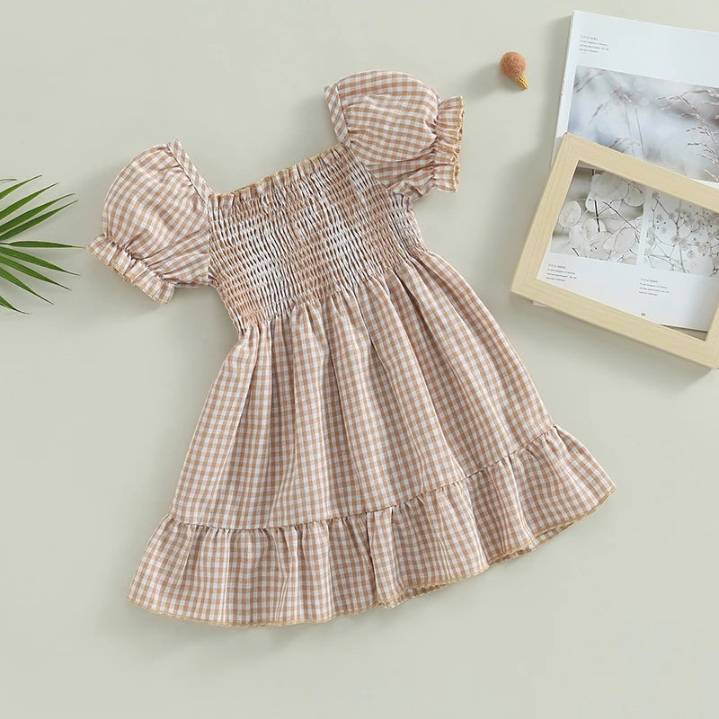 Summer Toddler Girls Sweet Dress Short Puff Sleeve Plaid Printed Ruffles Knee Length A-Line Dress