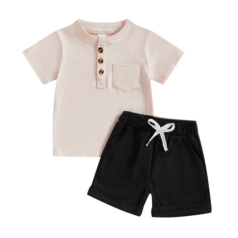Summer Toddler Boys Shorts Sets Short Sleeve O Neck Button Up Tops and Solid Color Shorts Set