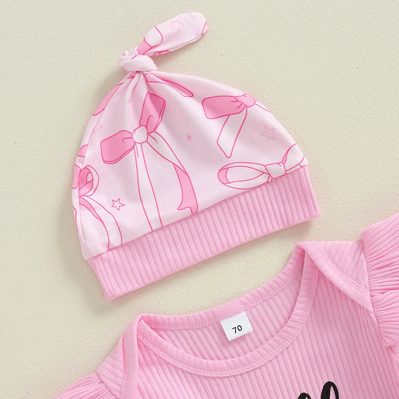 Baby Girl Fall 4 Pcs Outfit Letter Long Sleeve Romper with Bow Pattern Pants and Headband Hat Set