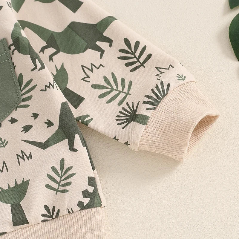 Toddler Boys Fall Outfits Dinosaur Print Pocket Long Sleeve Sweatshirts and Long Pants 2Pcs Clothes Set