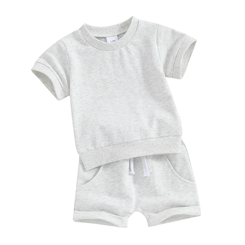 Toddler Baby Summer Clothes Solid Color Short Sleeve Round Neck T-Shirt with Shorts 2Pcs Outfit