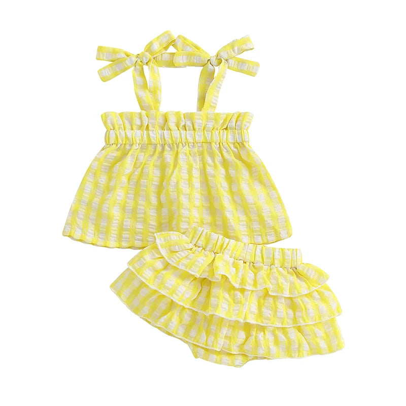 Baby Girl Summer Outfit Plaid Tie-Up Straps Sleeveless Tank Tops Elastic Waist Shorts 2Pcs Clothes Set