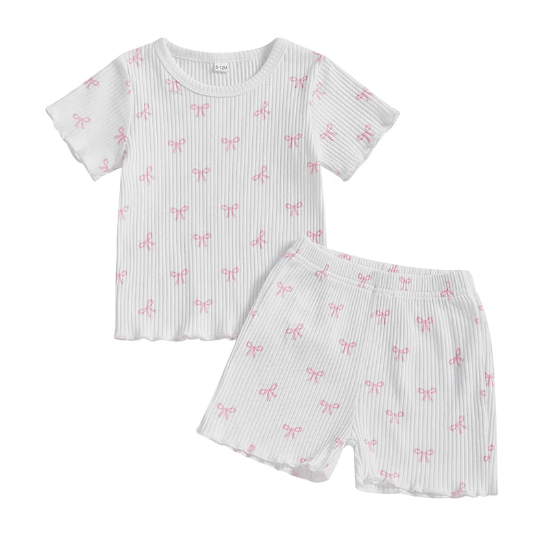 Toddler Baby Girl Bow Ribbed Outfit Lettuce Trim Short Sleeve Tops Elastic Waist Shorts Summer Set