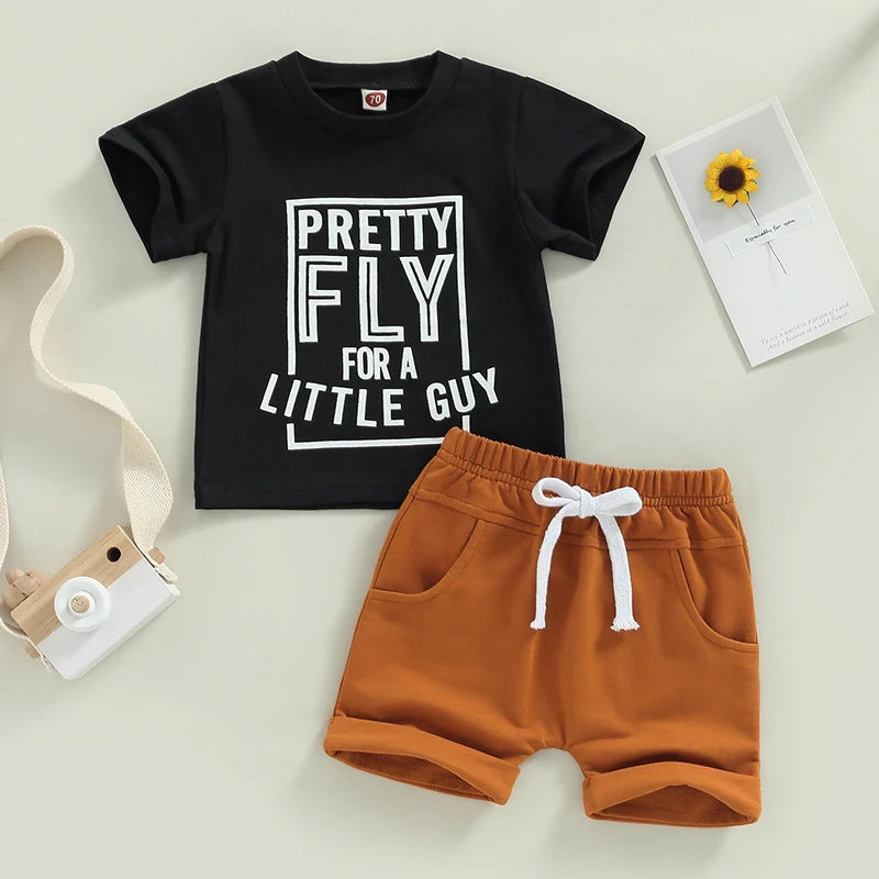 Toddler Boys Girl 2Pcs Summer Sets Short Sleeve Letter Print T-shirt Solid Drawstring Shorts
