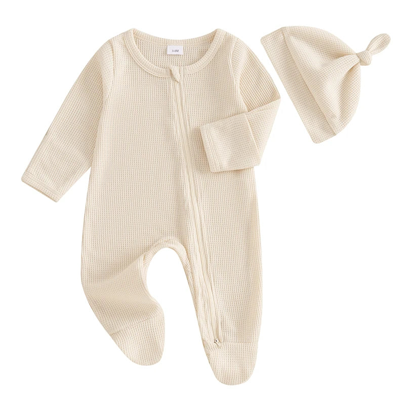 Baby Solid Color Waffle Long Sleeve Crew Neck Zipper Footed Jumpsuit with Hat
