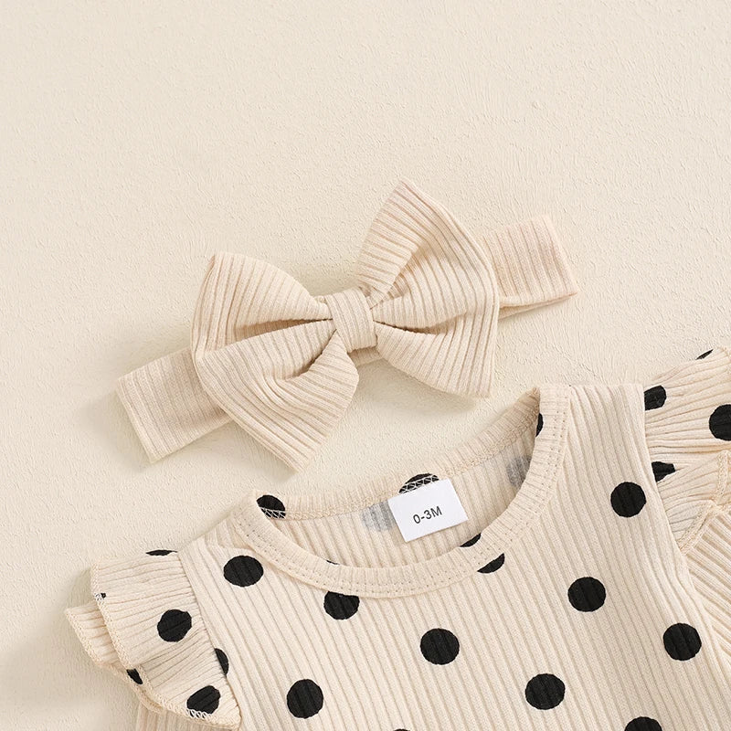 Baby Girls Fall Outfit, Long Sleeve Dots Print Romper with Pants and Bowknot Headband Clothing Set