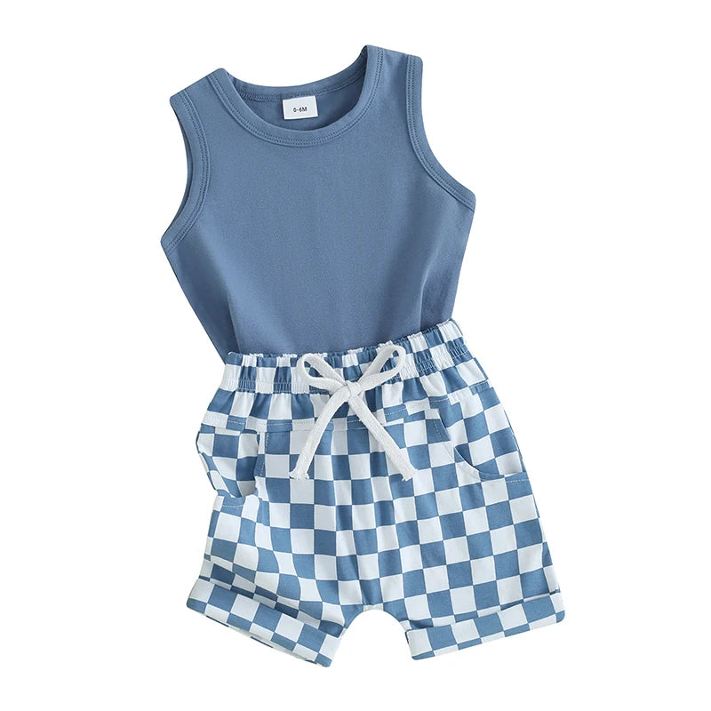 Summer Baby Boy Clothes Solid Sleeveless Tank Top Checkered Shorts 2Pcs Outfit Set