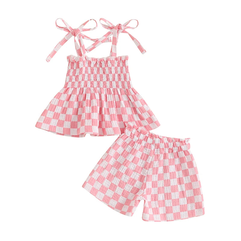Toddler Baby Girl Summer Clothes Plaid Print Smocked Camisole + Elastic Waist Shorts 2Pcs Set