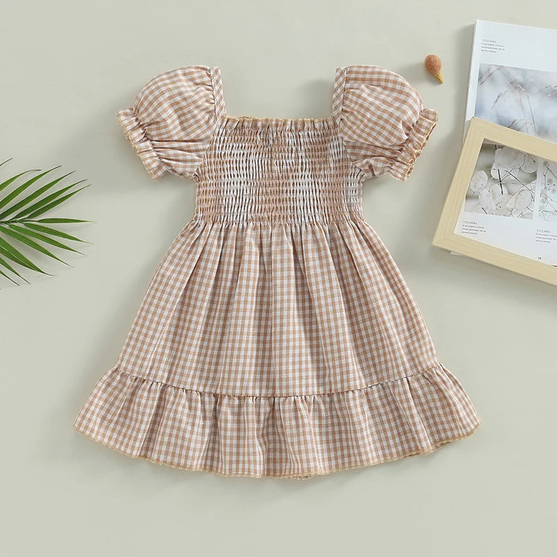 Summer Toddler Girls Sweet Dress Short Puff Sleeve Plaid Printed Ruffles Knee Length A-Line Dress