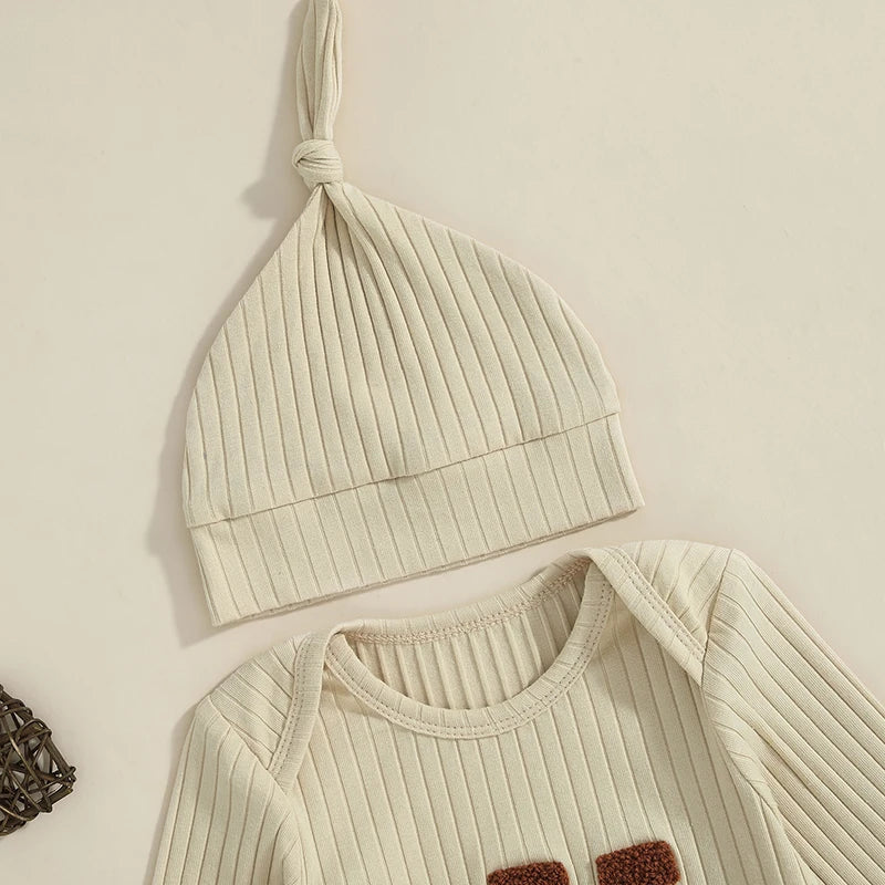 Baby Boy Jumpsuit and Hat Set Long Sleeve Round Neck "Lil Bro" Letter Print Ribbed Romper with Cap Outfit
