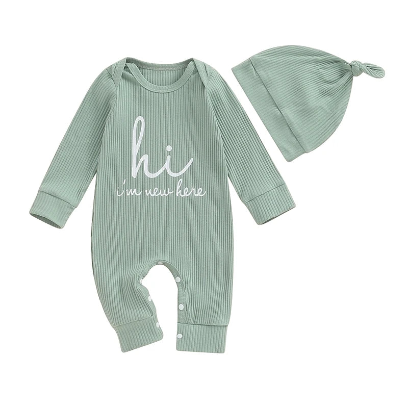 Baby Boys Romper Letter Print Long Sleeve Crew Neck Ribbed Jumpsuit With Hat