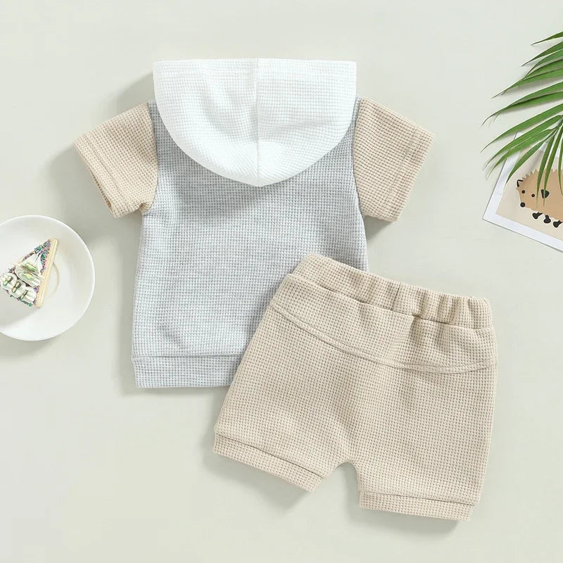 Toddler Baby 2Pcs Summer Outfits Short Sleeve Waffle Knit Pocket Hoodie Shorts Set