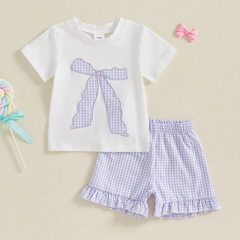Toddler Baby Girl Summer Outfit Bow Embroidery Short Sleeve Tops Plaid Ruffle Shorts Set