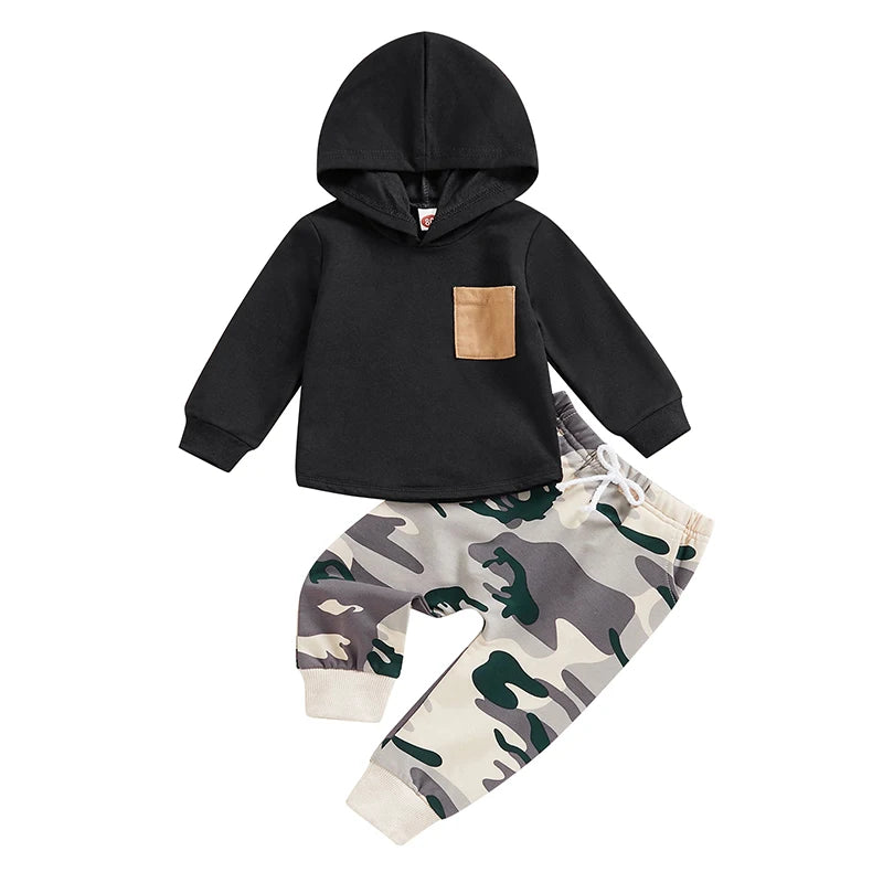 Baby Boys Tracksuit Outfits Long Sleeve Hooded Sweatshirt Elastic Camouflage Pants Suit
